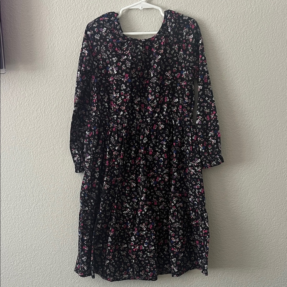 Girls Floral Black Long Sleeve Dress